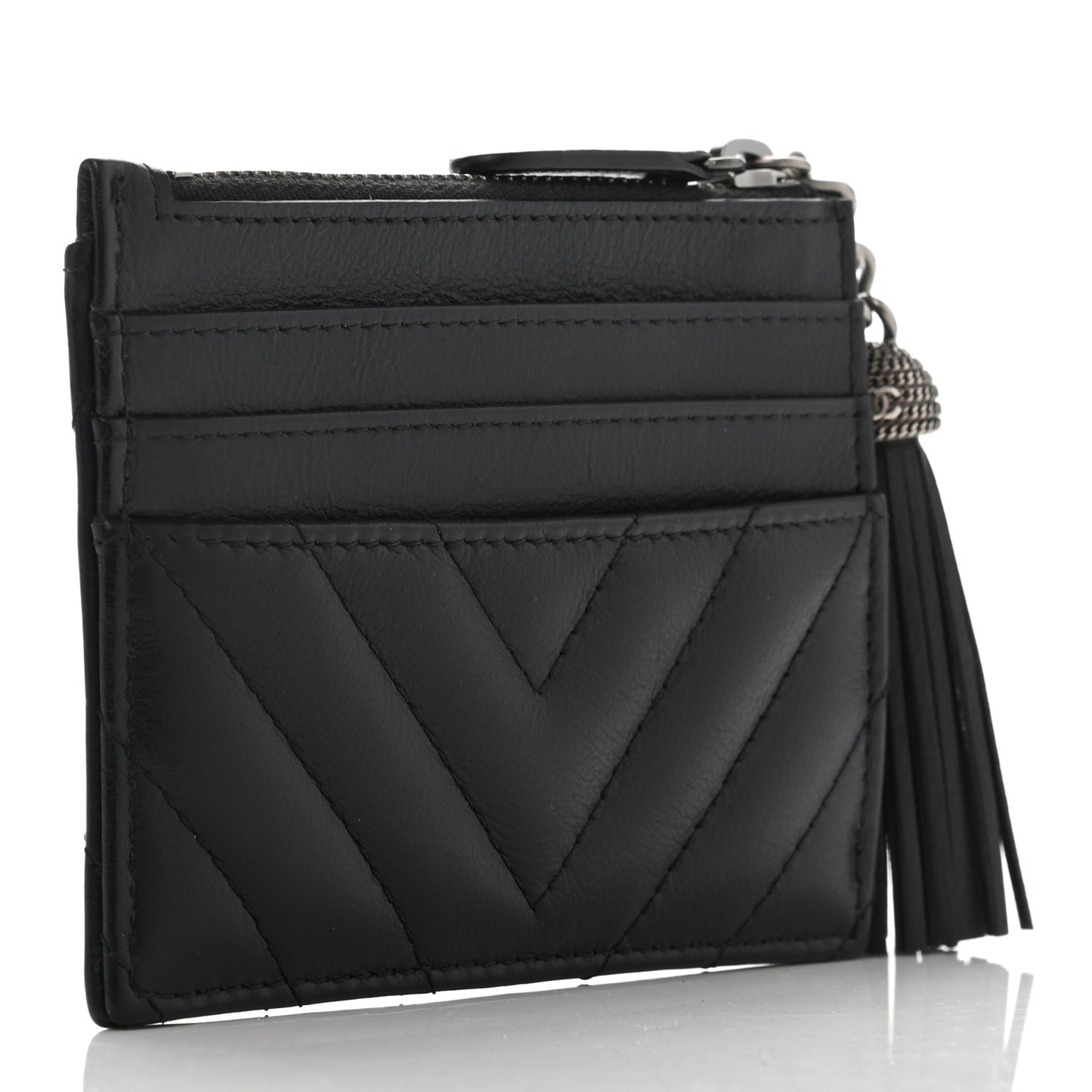 Calfskin Chevron Quilted Tassel Zip Card Holder Black
