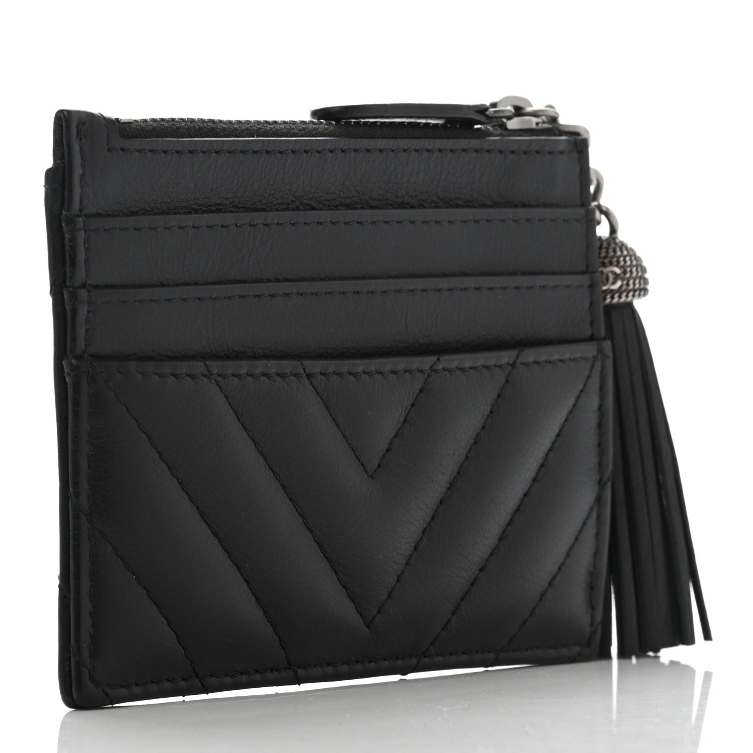 Chanel Calfskin Chevron Quilted Tassel Zip Card Holder Black 3 of 9
