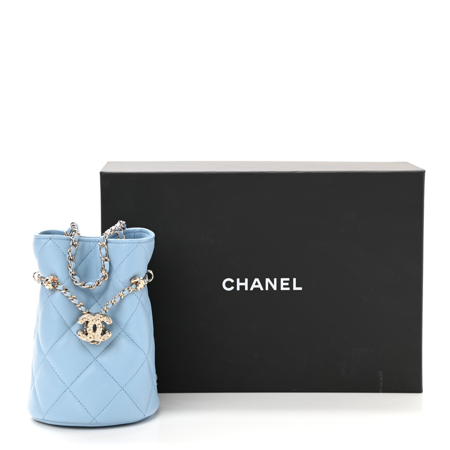Chanel Lambskin Quilted Mini Drawstring Bucket Bag With Chain Light Blue 12 of 12