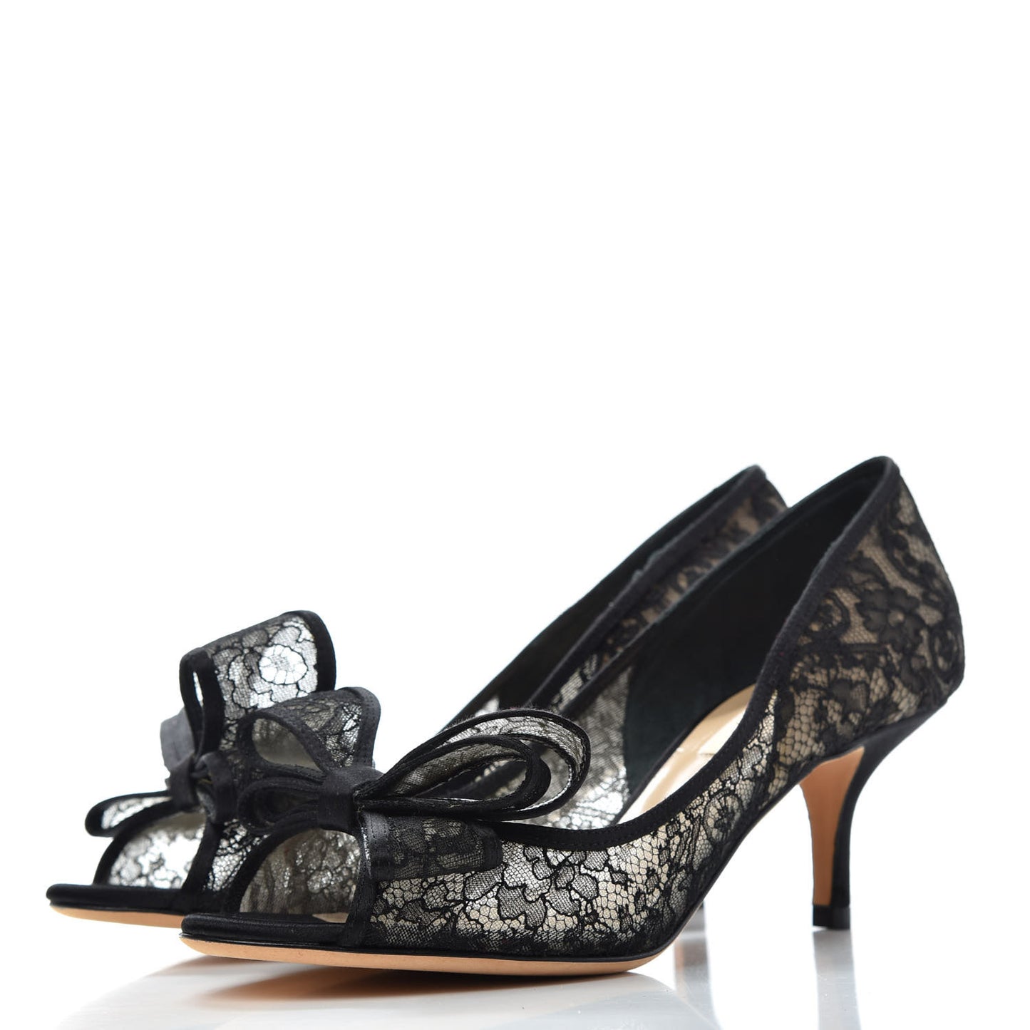 Satin Lace Couture Bow Peep Toe Low Heel Pumps 37 Black