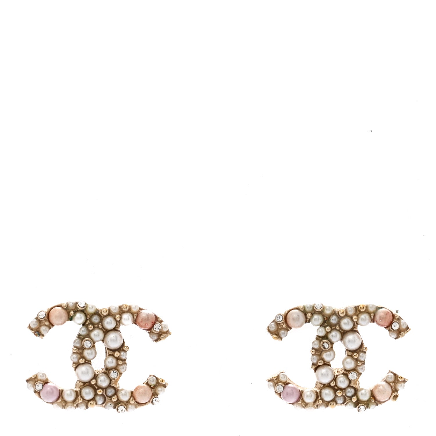 Chanel Pearl Crystal CC Charms Stud Earrings Light Gold Pink 1 of 4
