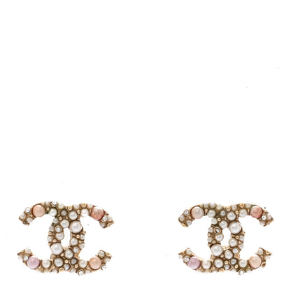 Chanel Pearl Crystal CC Charms Stud Earrings Light Gold Pink 1 of 4