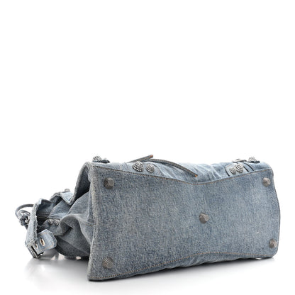 Balenciaga Washed Frayed Denim Crystal Neo Cagole City Handbag Blue 4 of 13
