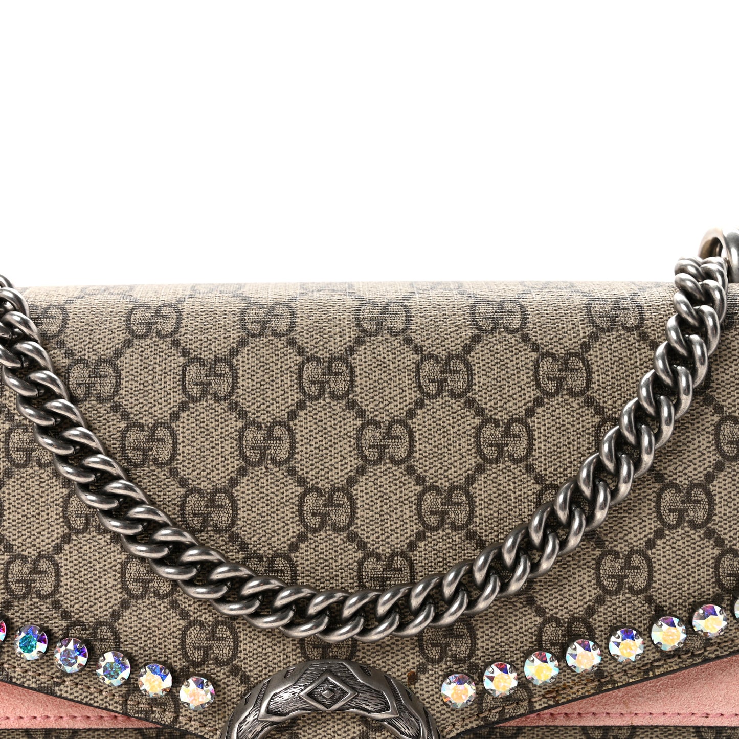 GG Supreme Monogram Suede Crystal Medium Dionysus Shoulder Bag Beige Ebony Light Peonia