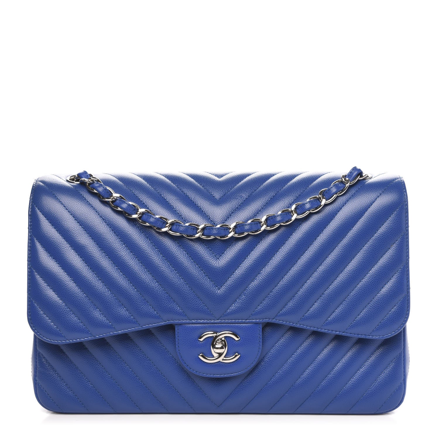 Chanel Caviar Chevron Quilted Jumbo Double Flap Blue 1 of 12