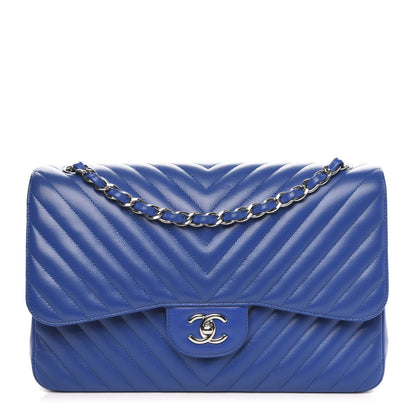Chanel Caviar Chevron Quilted Jumbo Double Flap Blue 1 of 12