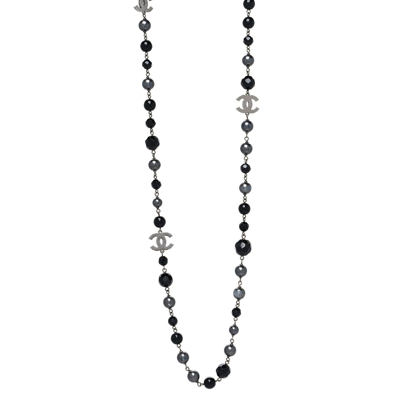 Ruthenium Pearl Beaded CC Long Necklace Black