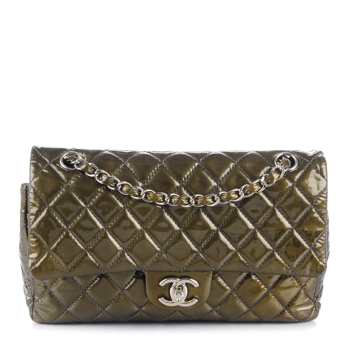 Patent Quilted Medium Double Flap Dark Green