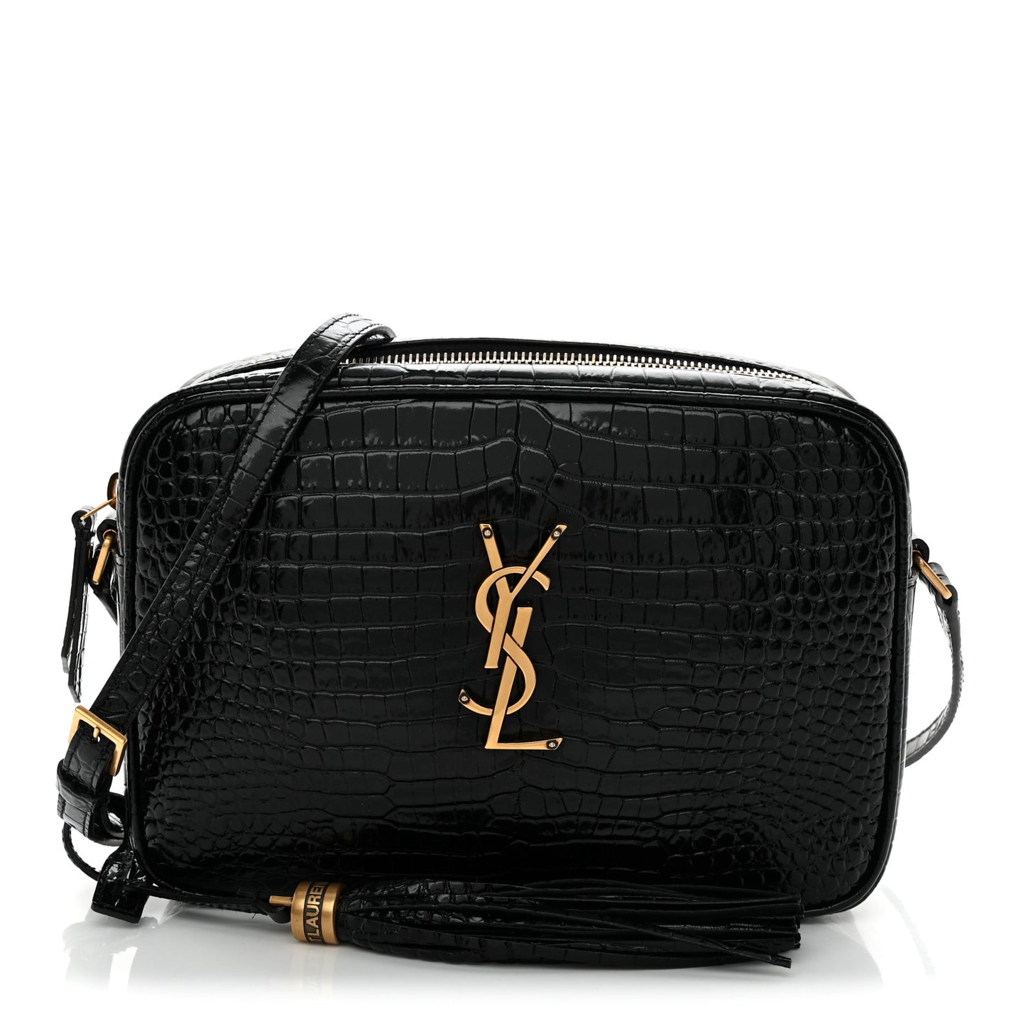 Patent Calfskin Crocodile Embossed Monogram Lou Camera Bag Black