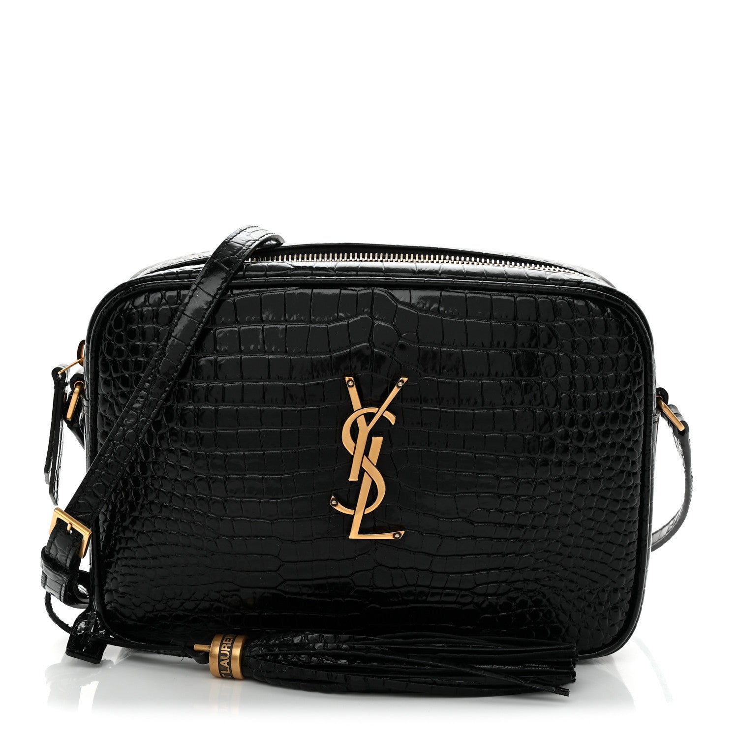 Saint Laurent Patent Calfskin Crocodile Embossed Monogram Lou Camera Bag Black 1 of 11