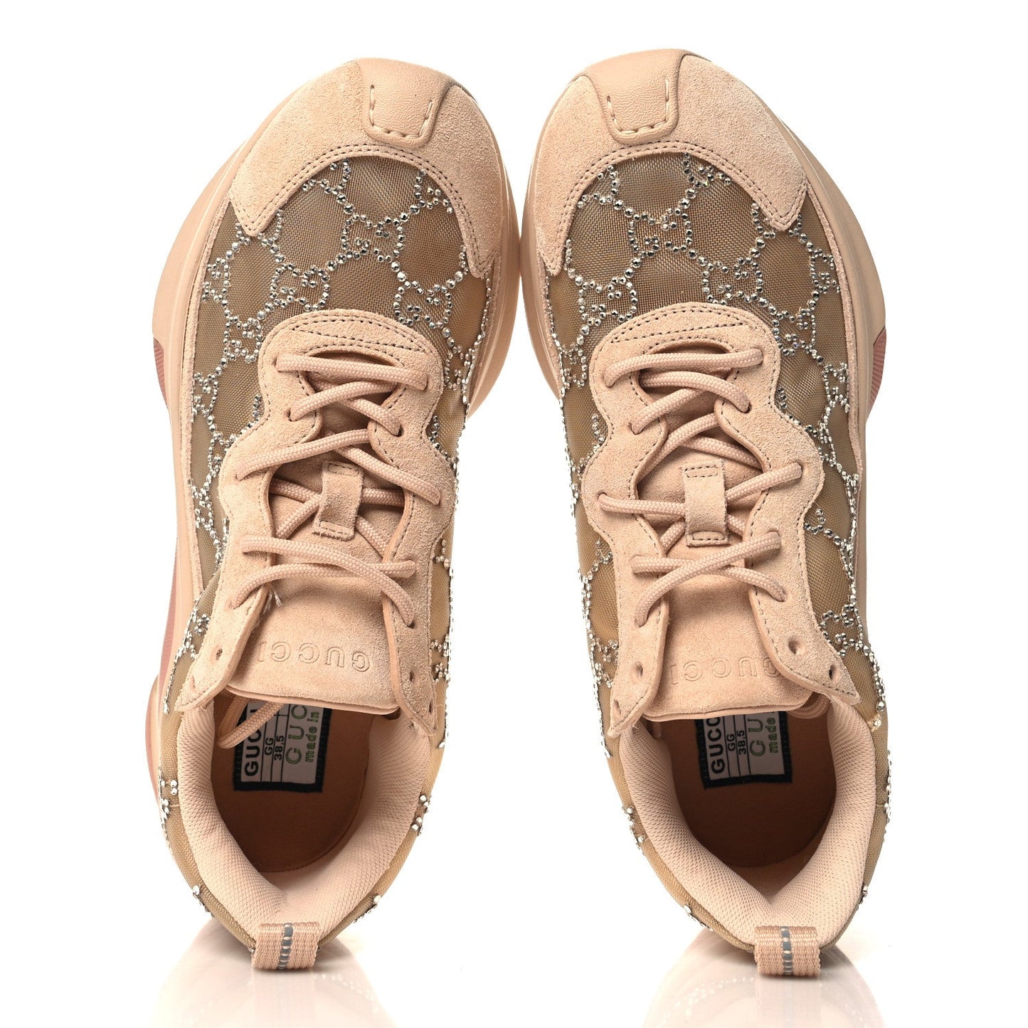 Tela Retino Mesh Crystal Suede GG Monogram Womens Gucci Run Sneakers 38.5 Light Powder Skin Rose Silver