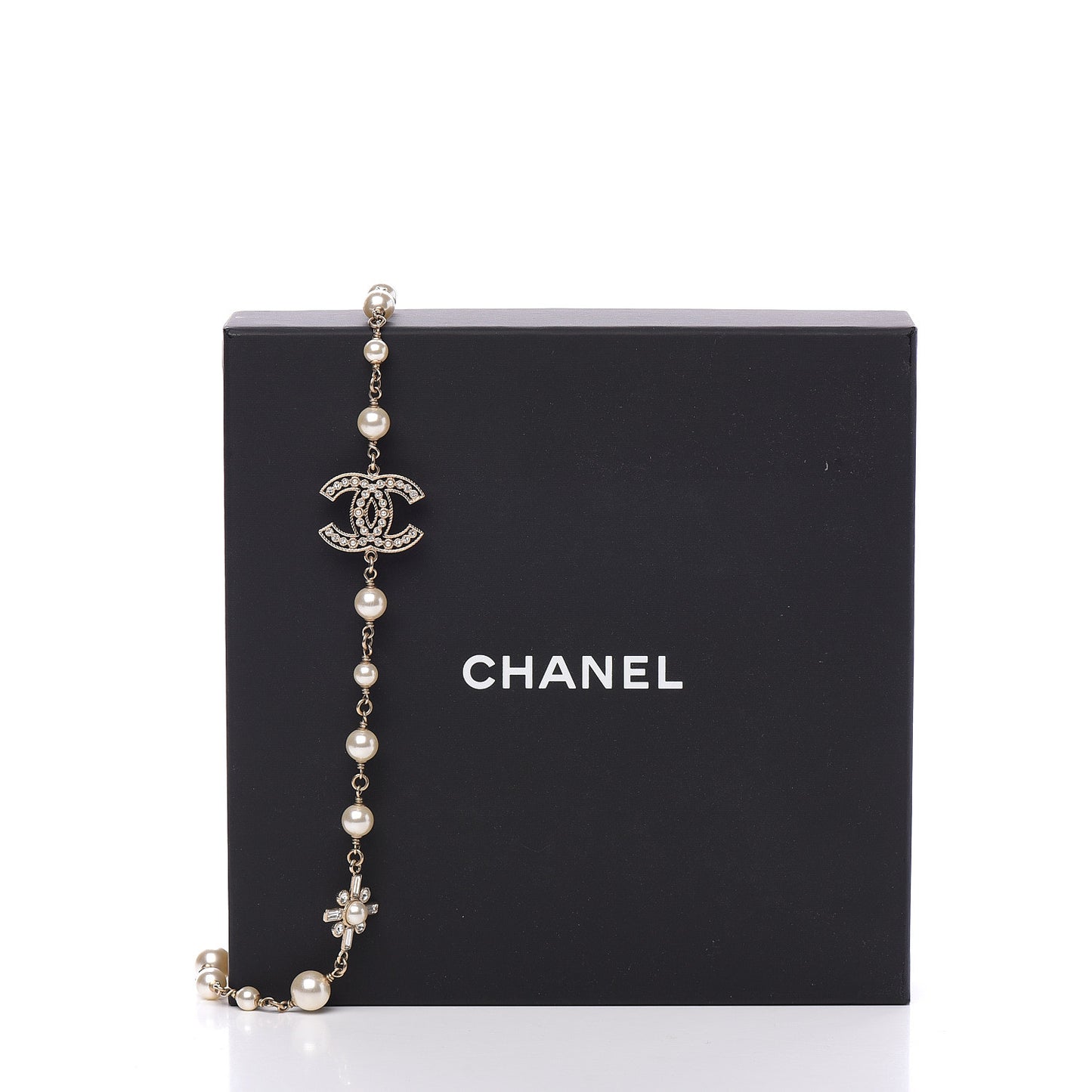Crystal Baguette Pearl CC Cross Short Necklace Gold