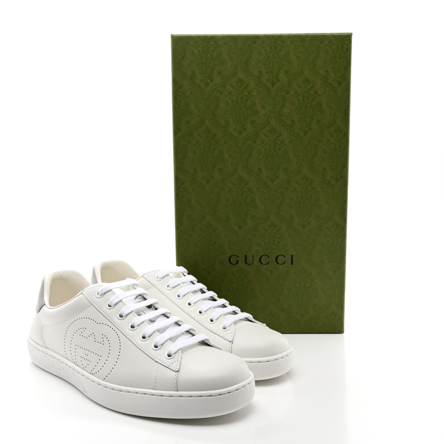 Calfskin Interlocking G Perforated Mens Ace Sneakers 8 White Grey Sky
