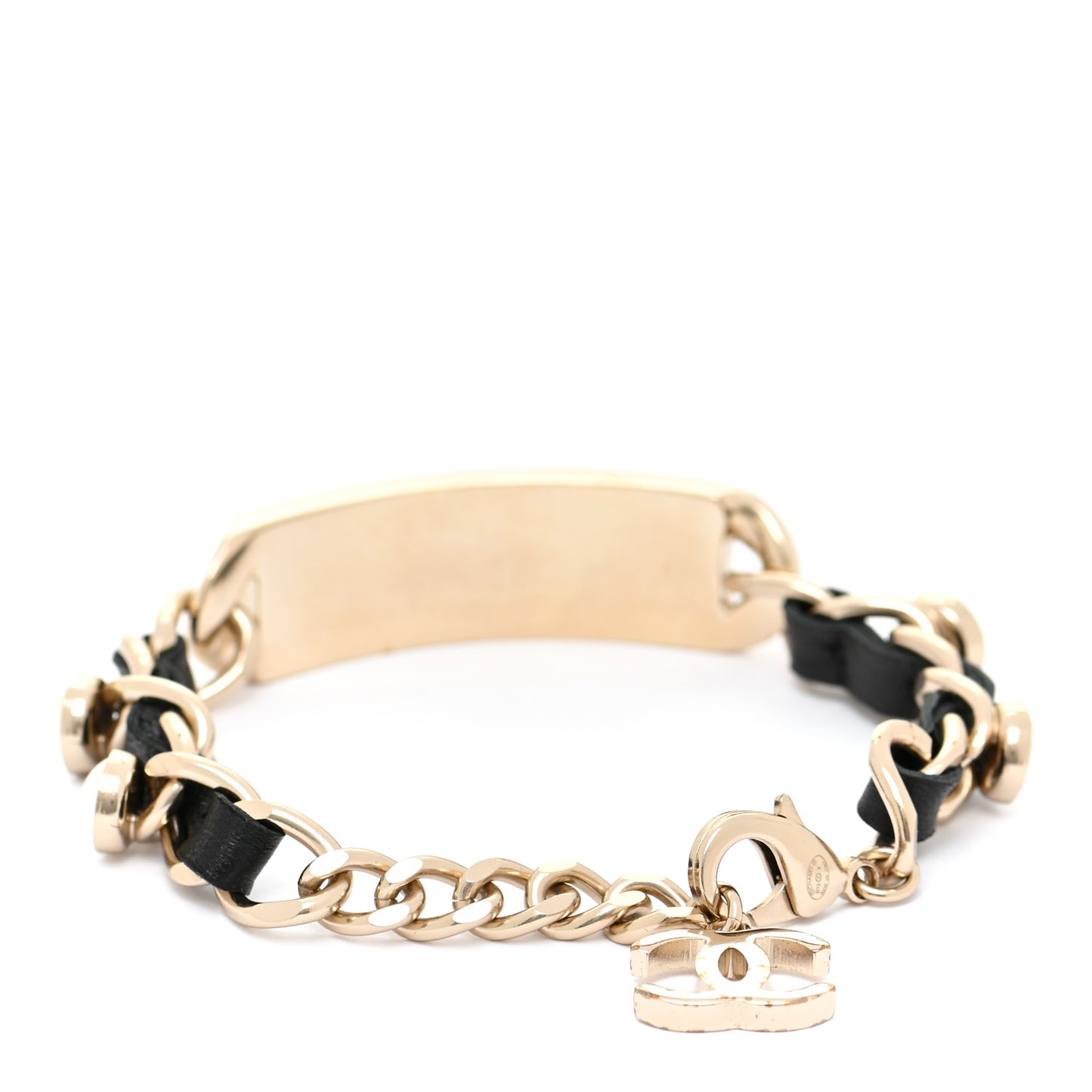 Metal Lambskin Pearl Name Plate Bracelet Black Gold