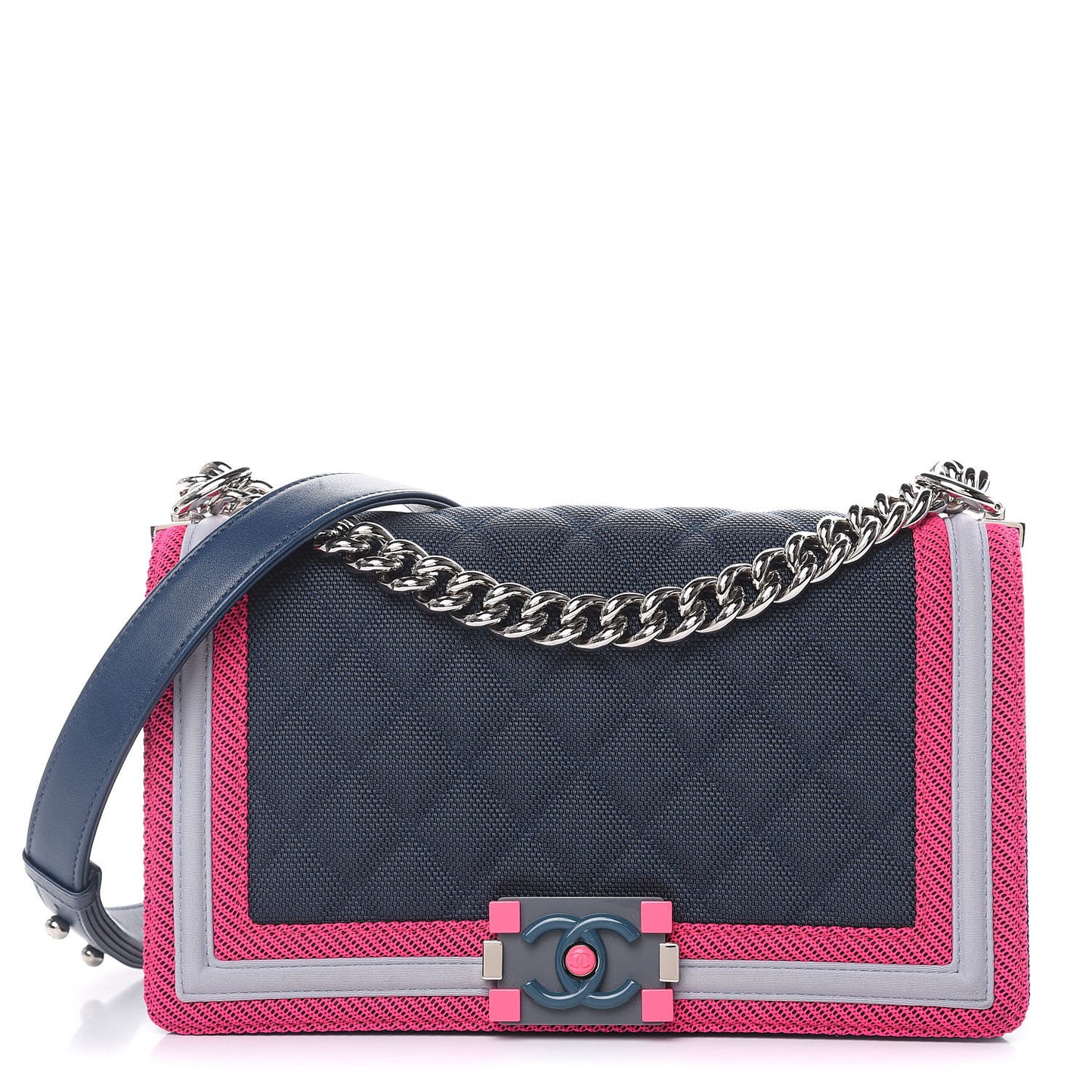 Canvas Quilted Medium Fluo Boy Flap Dark Navy Fuchsia Grey