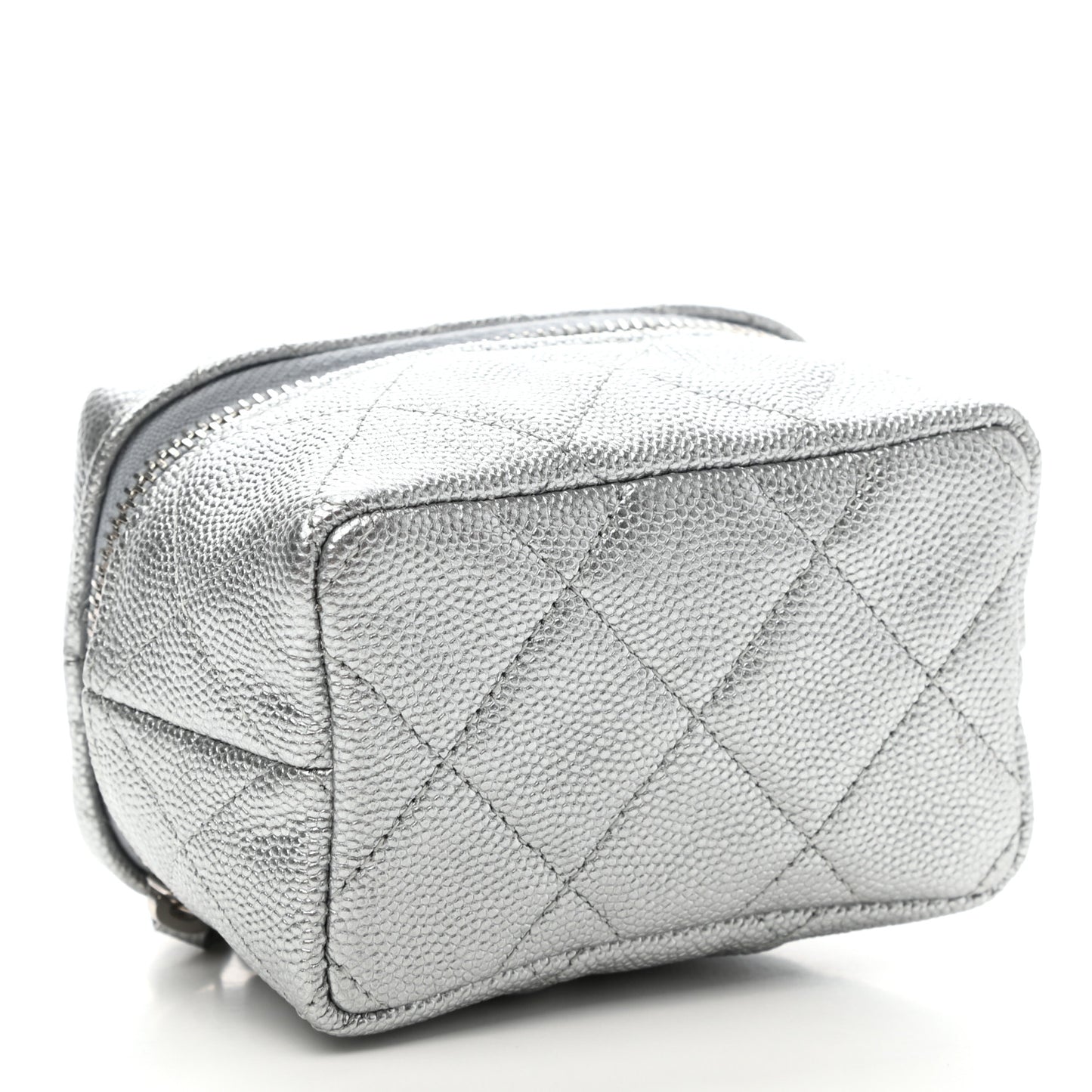 Metallic Caviar Quilted Mini Top Handle Vanity With Chain Silver