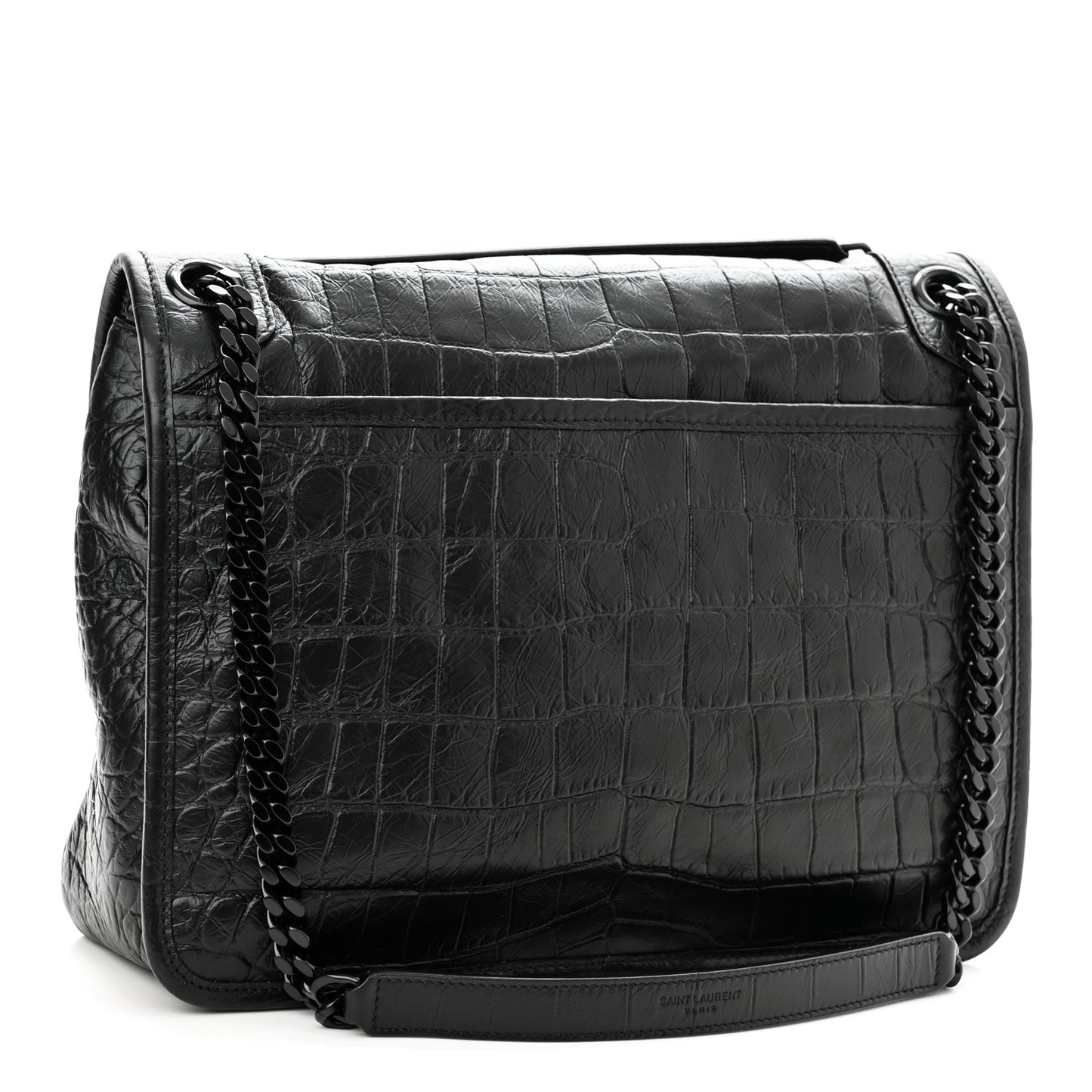 Crinkled Calfskin Crocodile Embossed Monogram Medium Niki Chain Satchel Black