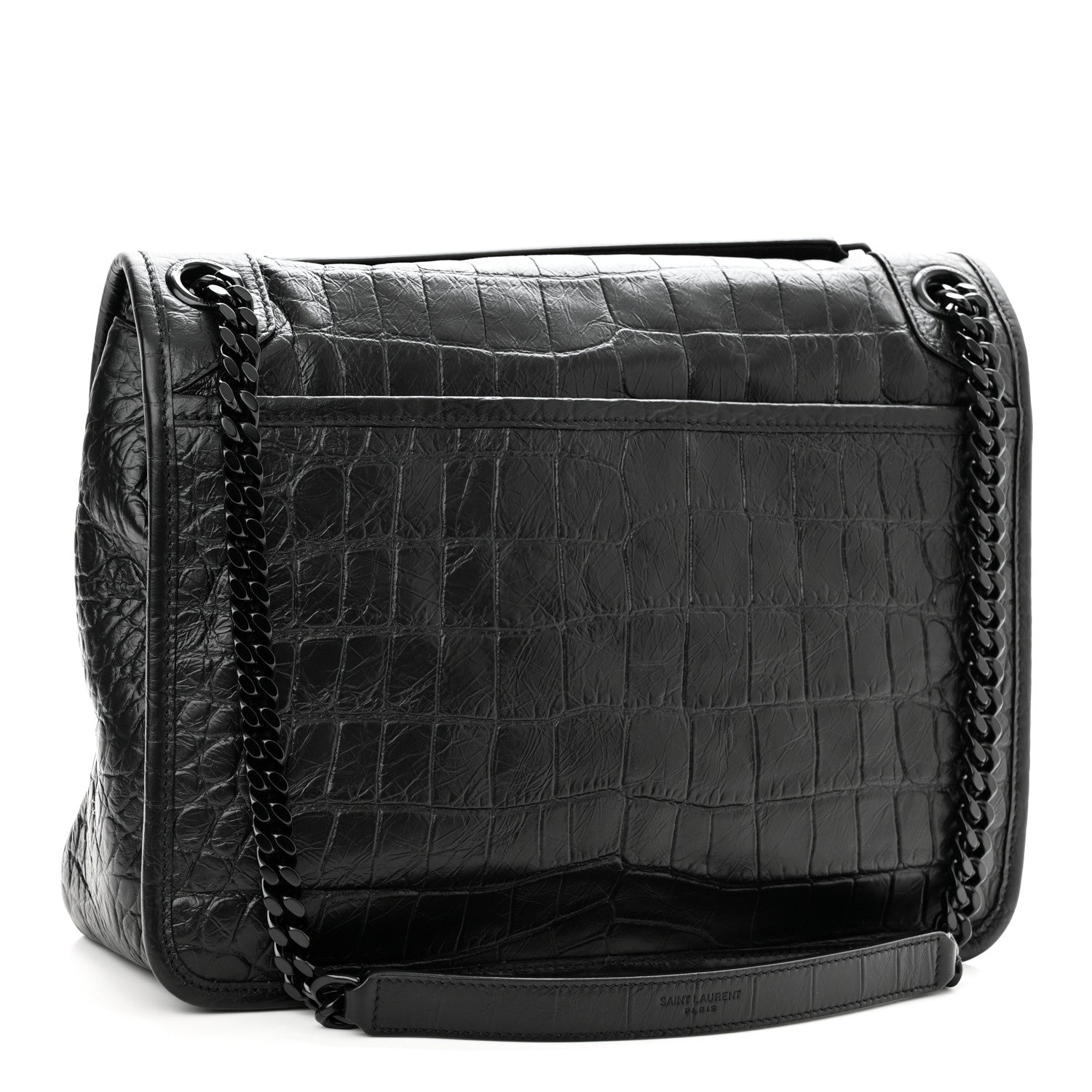 Saint Laurent Crinkled Calfskin Crocodile Embossed Monogram Medium Niki Chain Satchel Black 3 of 10