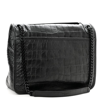 Saint Laurent Crinkled Calfskin Crocodile Embossed Monogram Medium Niki Chain Satchel Black 3 of 10