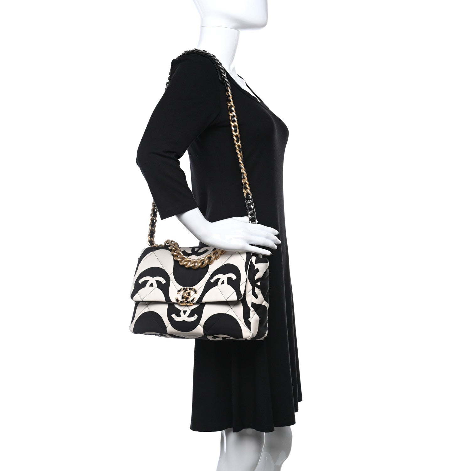 Chanel Fabric Printed Large Chanel 19 Flap Black Ecru 2 of 10