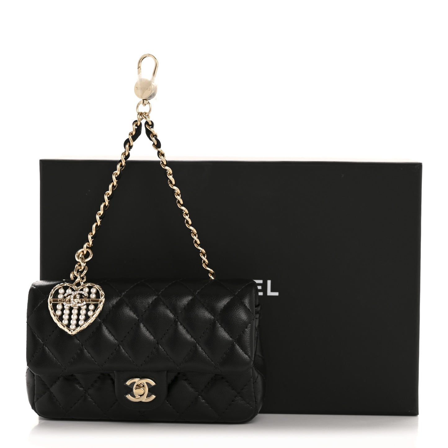 Lambskin Quilted Mini Flap Bag Charm With Hook Black