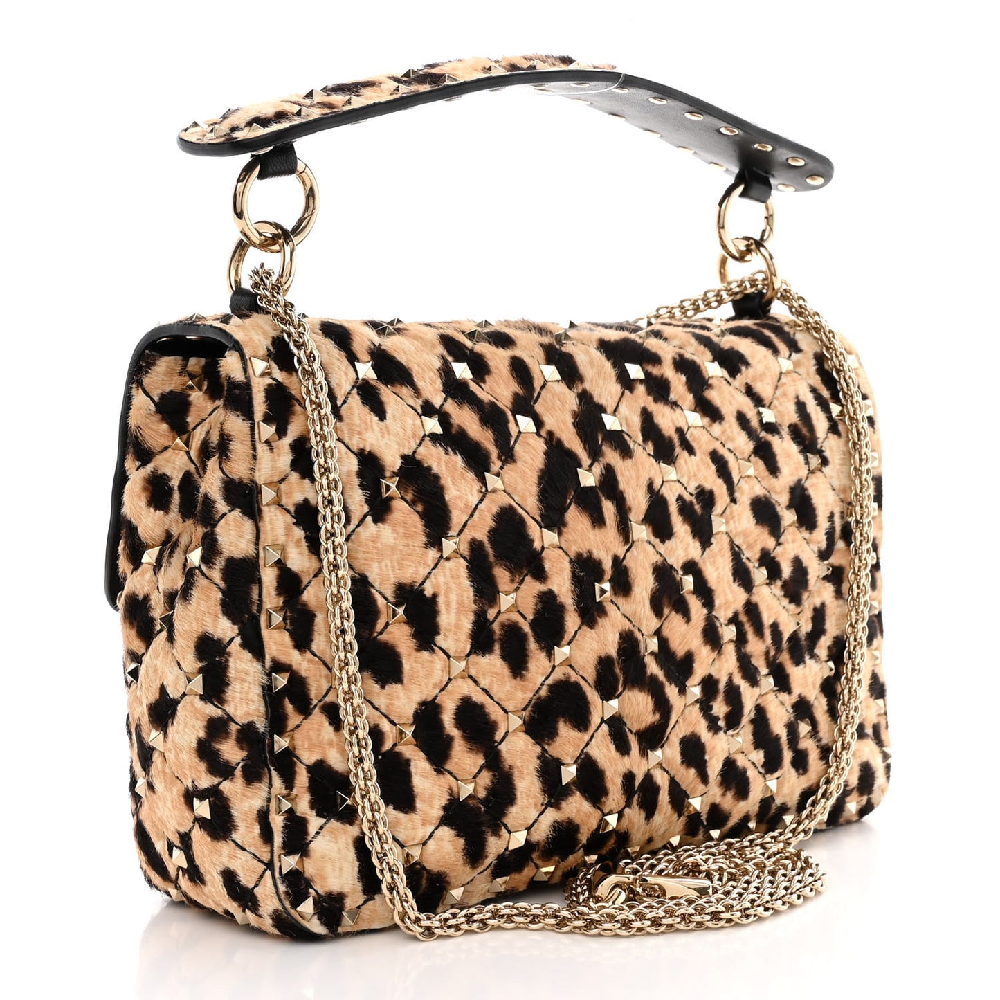 Calf Hair Leopard Print Medium Rockstud Spike Shoulder Bag