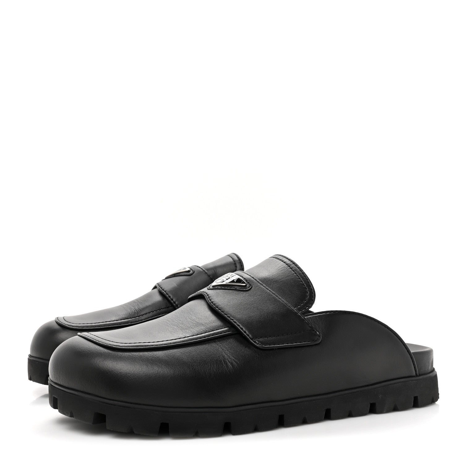 Prada City Calfskin Triangle Mens 20mm Flat Mules 12 Black 3 of 10