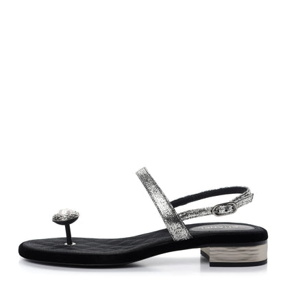 Chanel Metallized Goatskin Pearl CC Thong Sandals 37.5 Silver 1 of 10