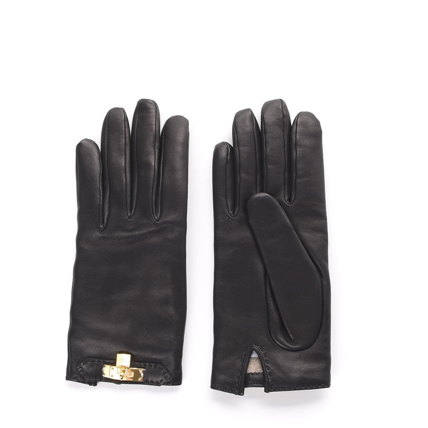 Hermes Lambskin Soya Kelly Lock Gloves 8 Black 1 of 4