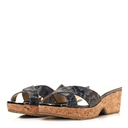 Jimmy Choo Metallic Snake Print Panna Cork Wedge Sandals 37 Anthracite 3 of 8