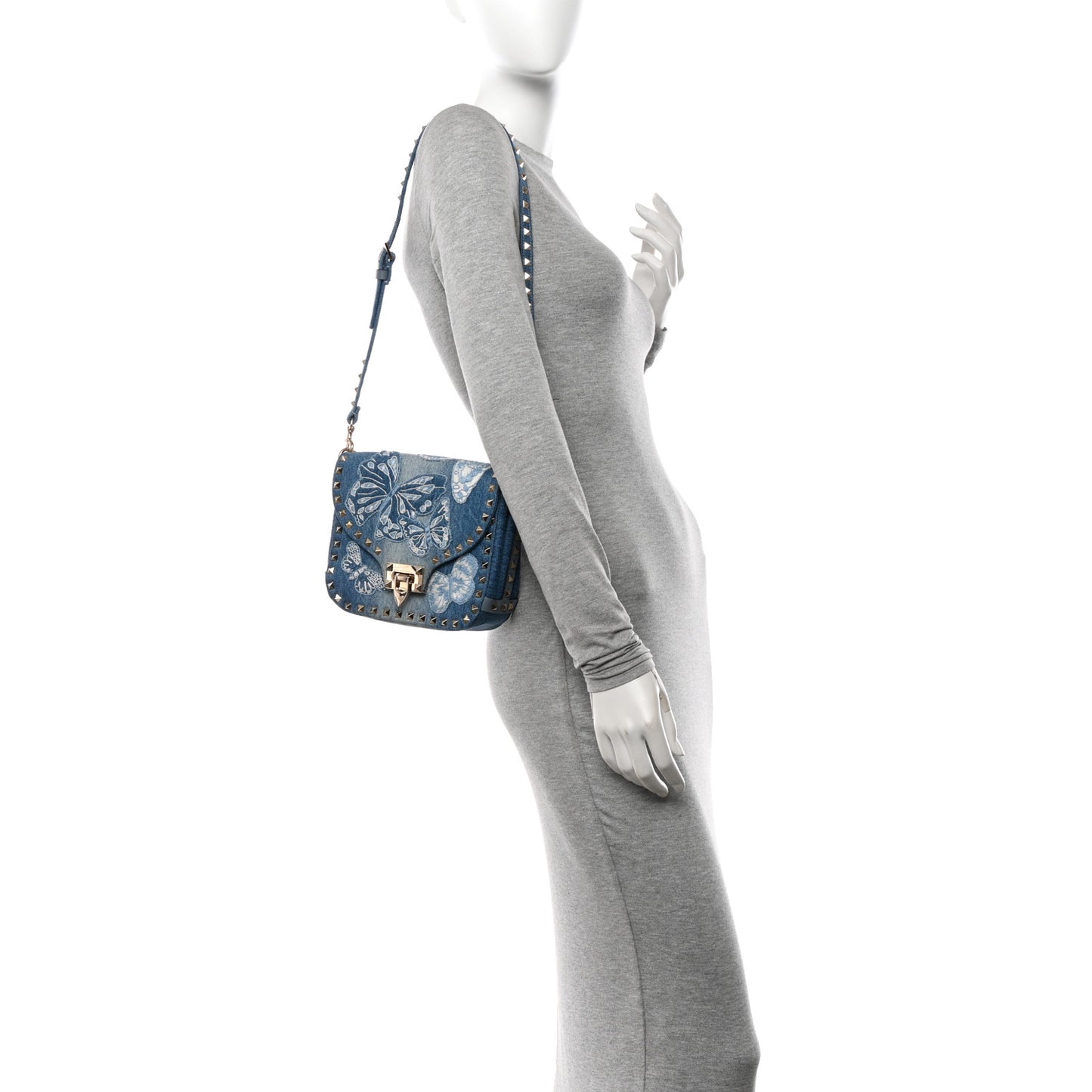 Denim Butterfly Embroidered Rockstud Shoulder Flap Messenger Bag Light Denim