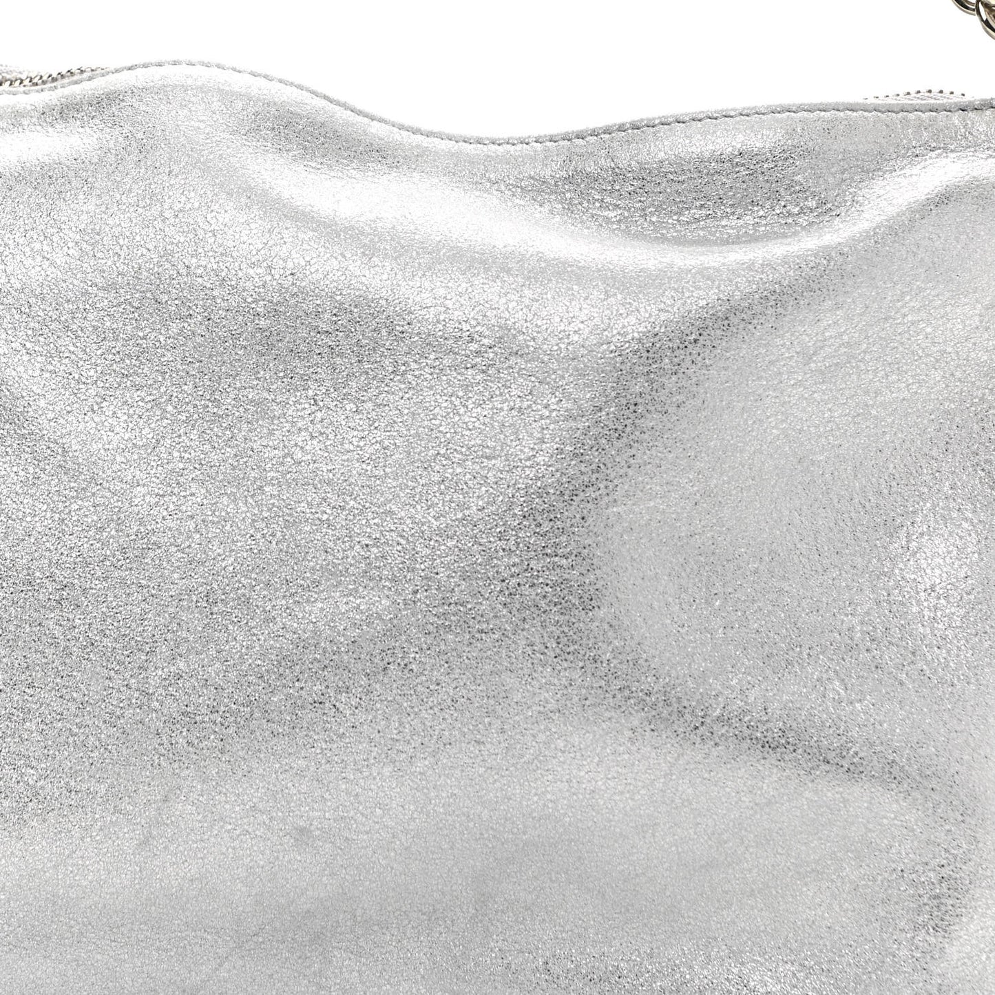 JIMMY CHOO Metallic Goatskin Callie Mea Tassel Shoulder Bag Silver