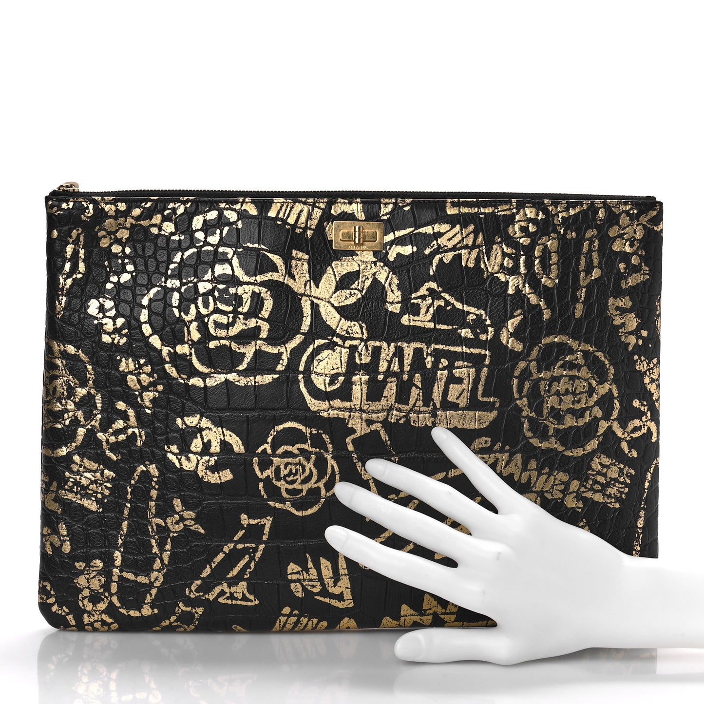 Calfskin Crocodile Embossed Graffiti 2.55 Medium Cocodile Reissue Cosmetic Case Black Gold