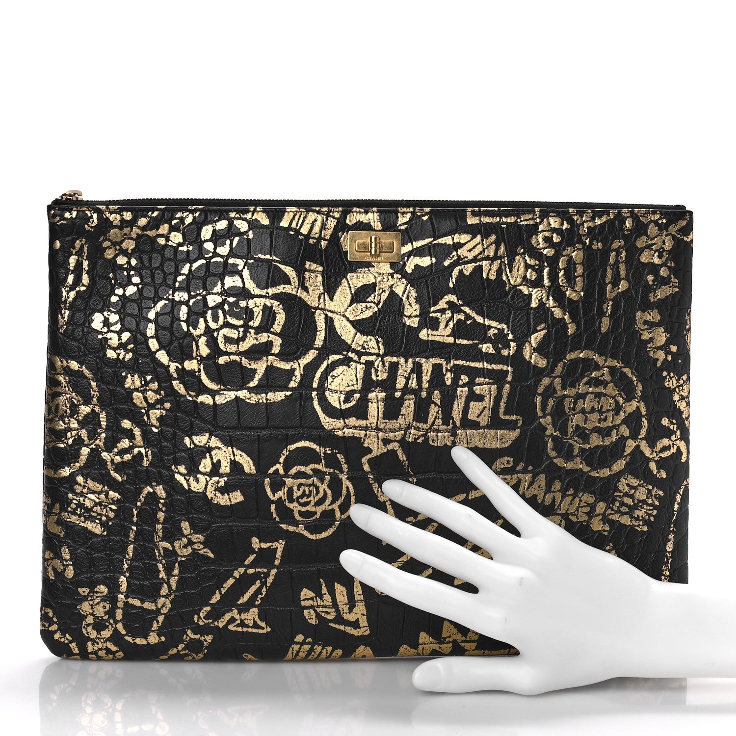 Chanel Calfskin Crocodile Embossed Graffiti 2.55 Medium Cocodile Reissue Cosmetic Case Black Gold 2 of 9