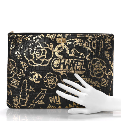 Chanel Calfskin Crocodile Embossed Graffiti 2.55 Medium Cocodile Reissue Cosmetic Case Black Gold 2 of 9