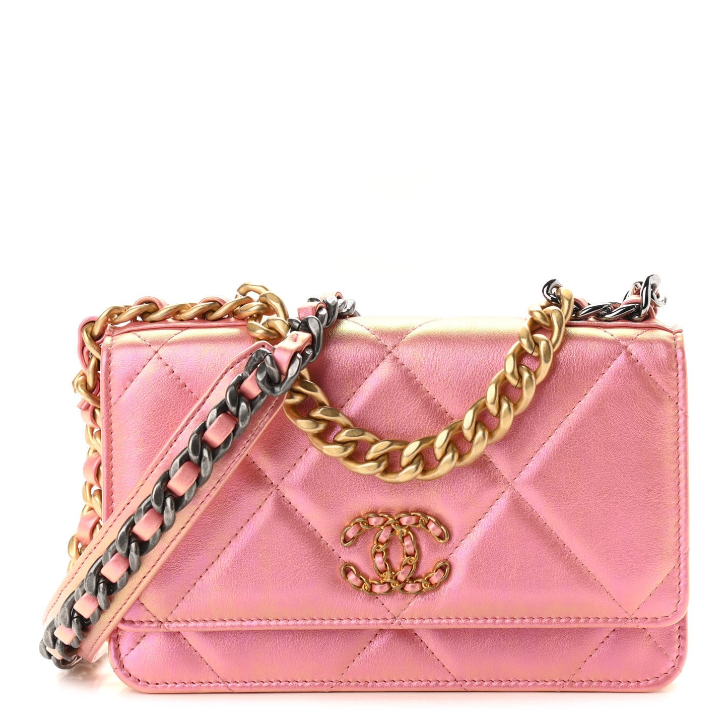 Iridescent Calfskin Quilted Chanel 19 Wallet On Chain WOC Pink