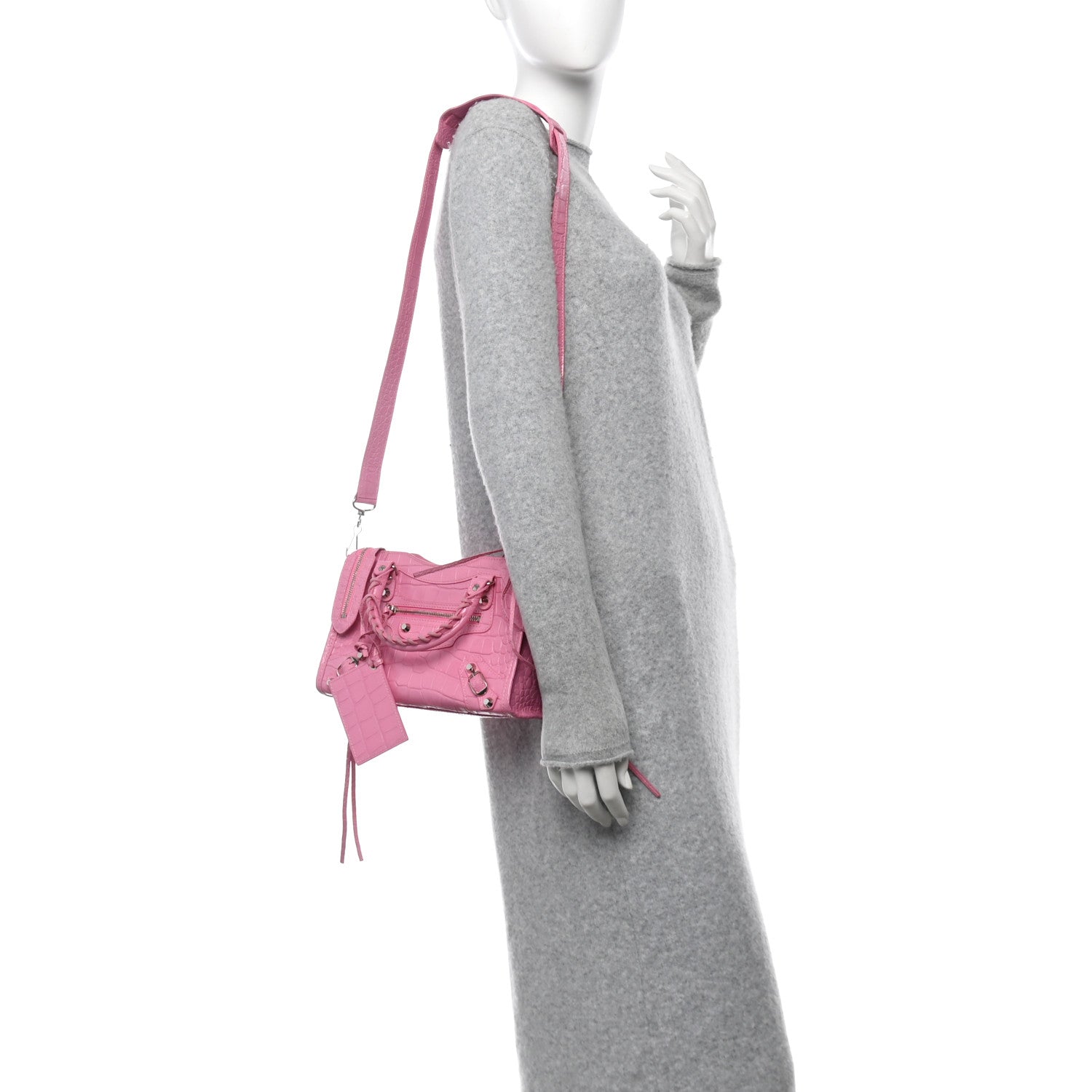 Balenciaga Shiny Supple Calfskin Crocodile Embossed Classic Silver Hardware Mini City Baby Pink 2 of 13