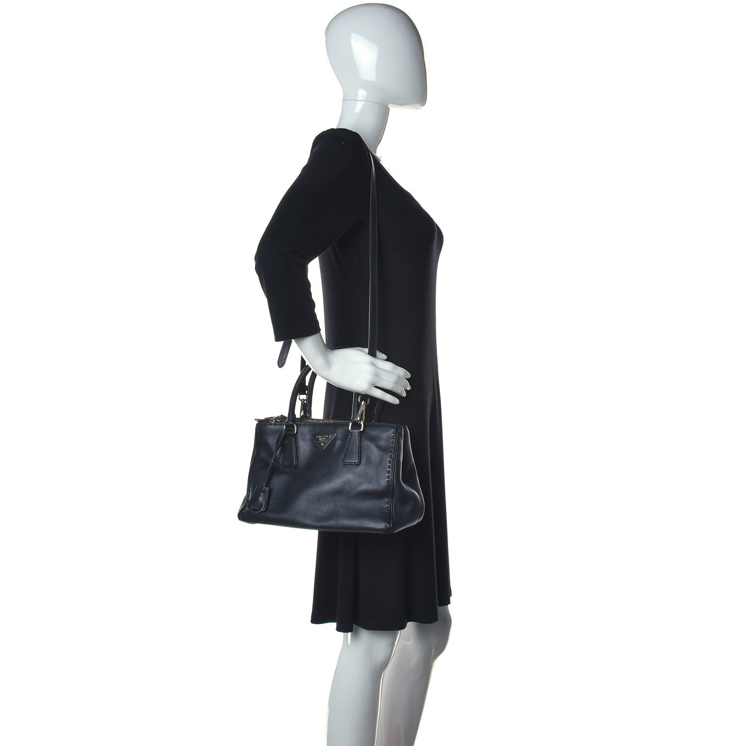 Prada City Calf Hand Stitched Small Galleria Double Zip Tote Black 2 of 14