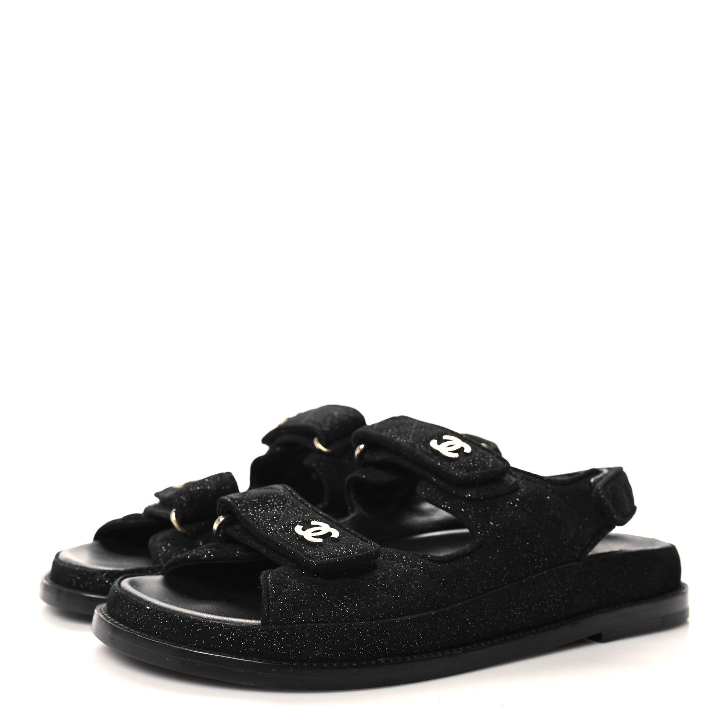 Chanel Suede Calfskin Glitter Crystal Velcro Dad Sandals 38.5 Black 3 of 7