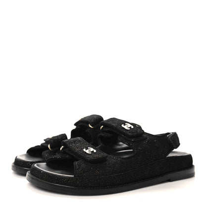 Chanel Suede Calfskin Glitter Crystal Velcro Dad Sandals 38.5 Black 3 of 7