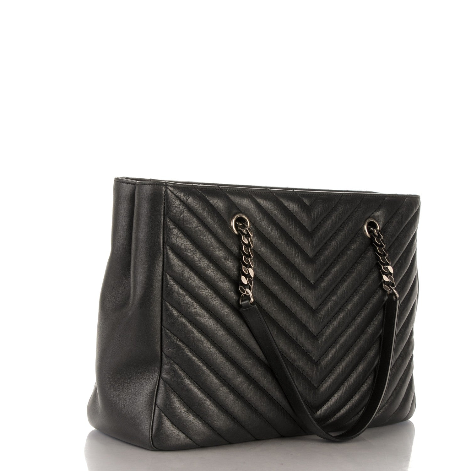 Saint Laurent Sheepskin Matelasse Chevron Large Monogram Shopping Bag Black 3 of 6