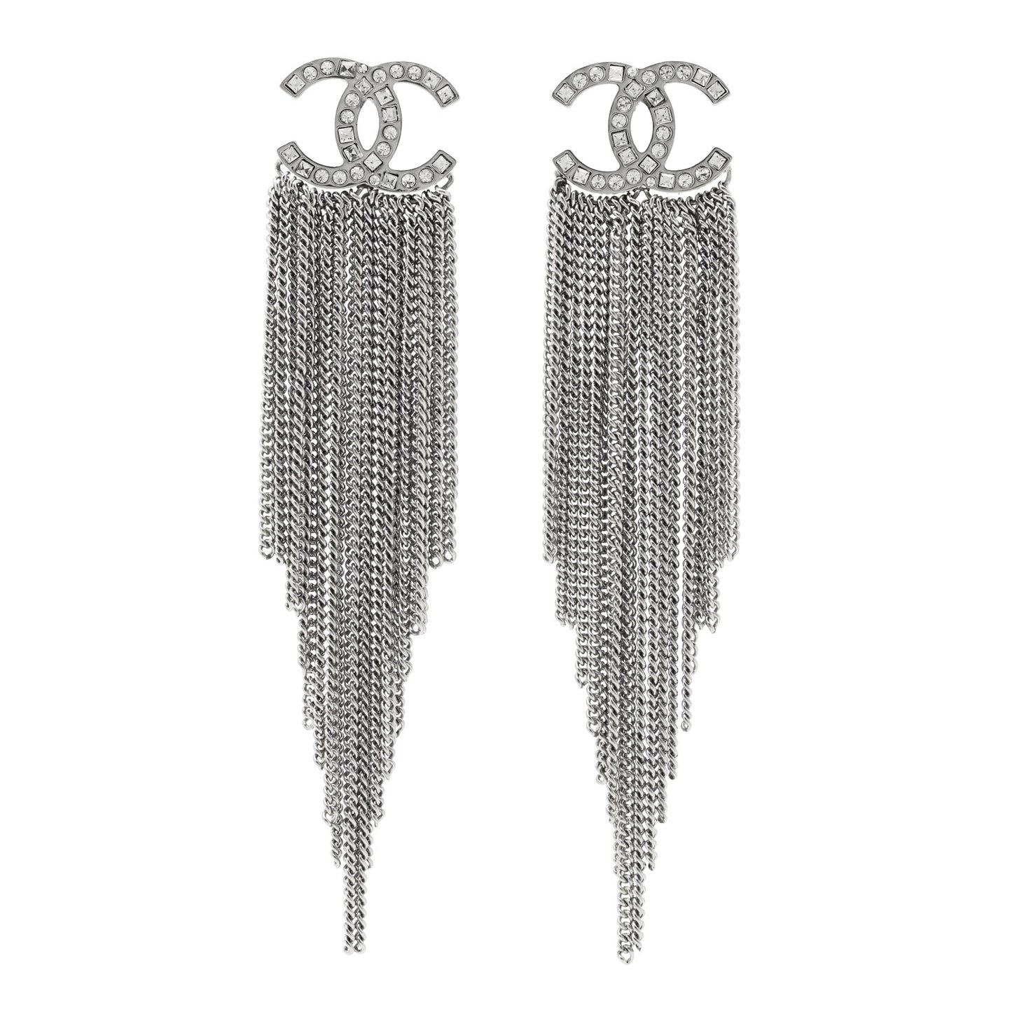 Baguette Crystal CC Chain Drop Earrings Silver