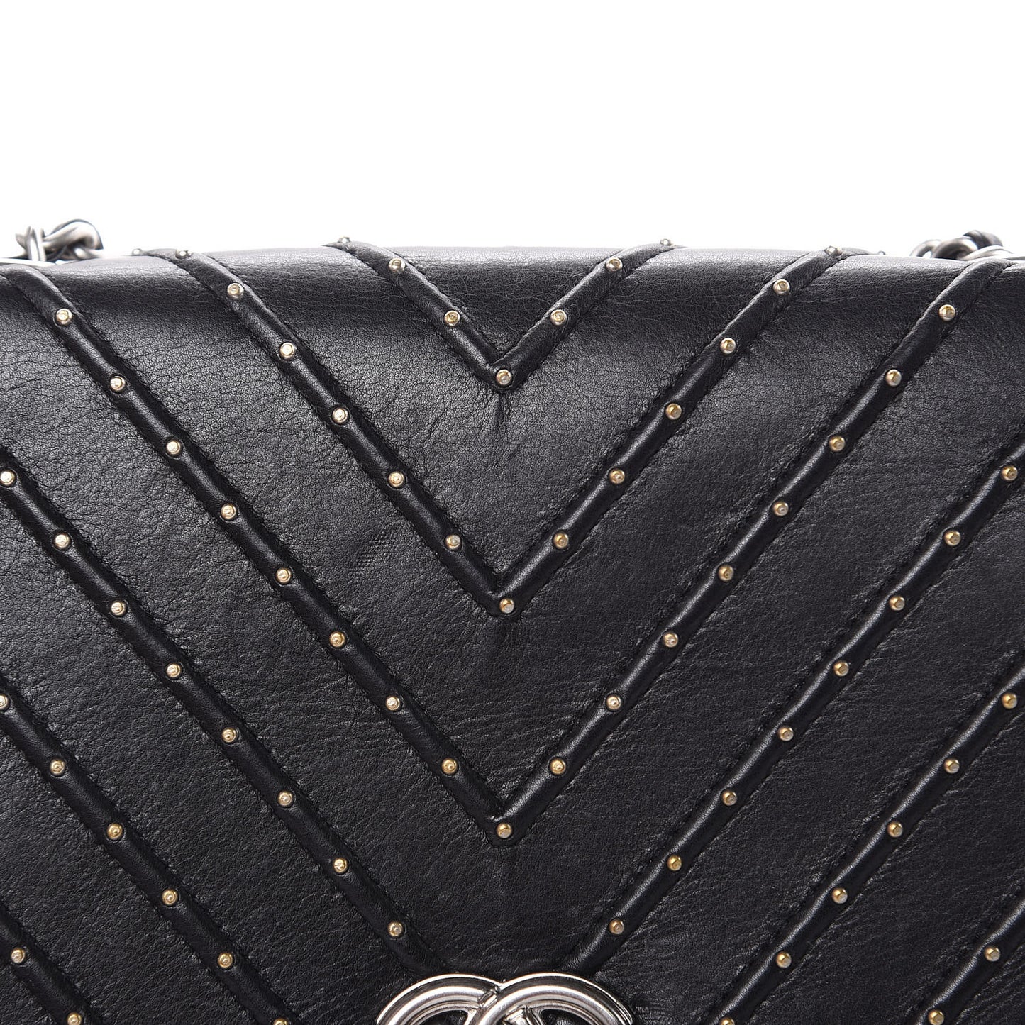 Calfskin Studded Chevron Quilted Flap Black