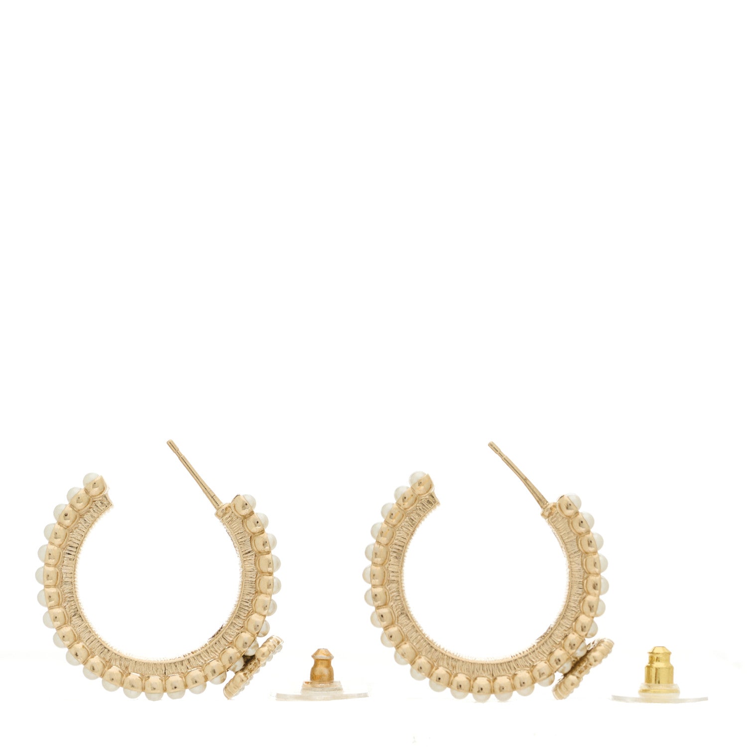 Chanel Pearl Crystal CC Hoop Earrings Gold Pearly White 3 of 4