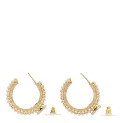 Chanel Pearl Crystal CC Hoop Earrings Gold Pearly White 3 of 4