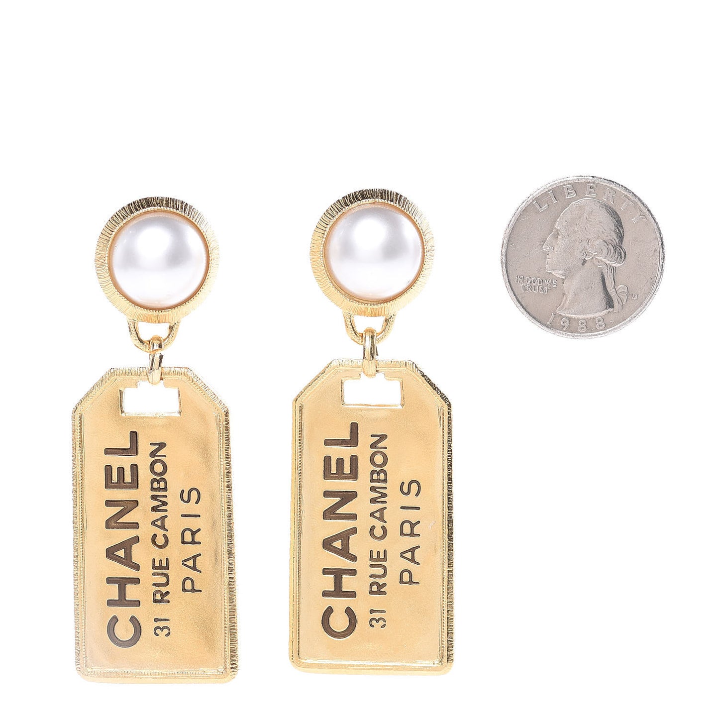 Pearl CC Tags Drop Earrings Gold