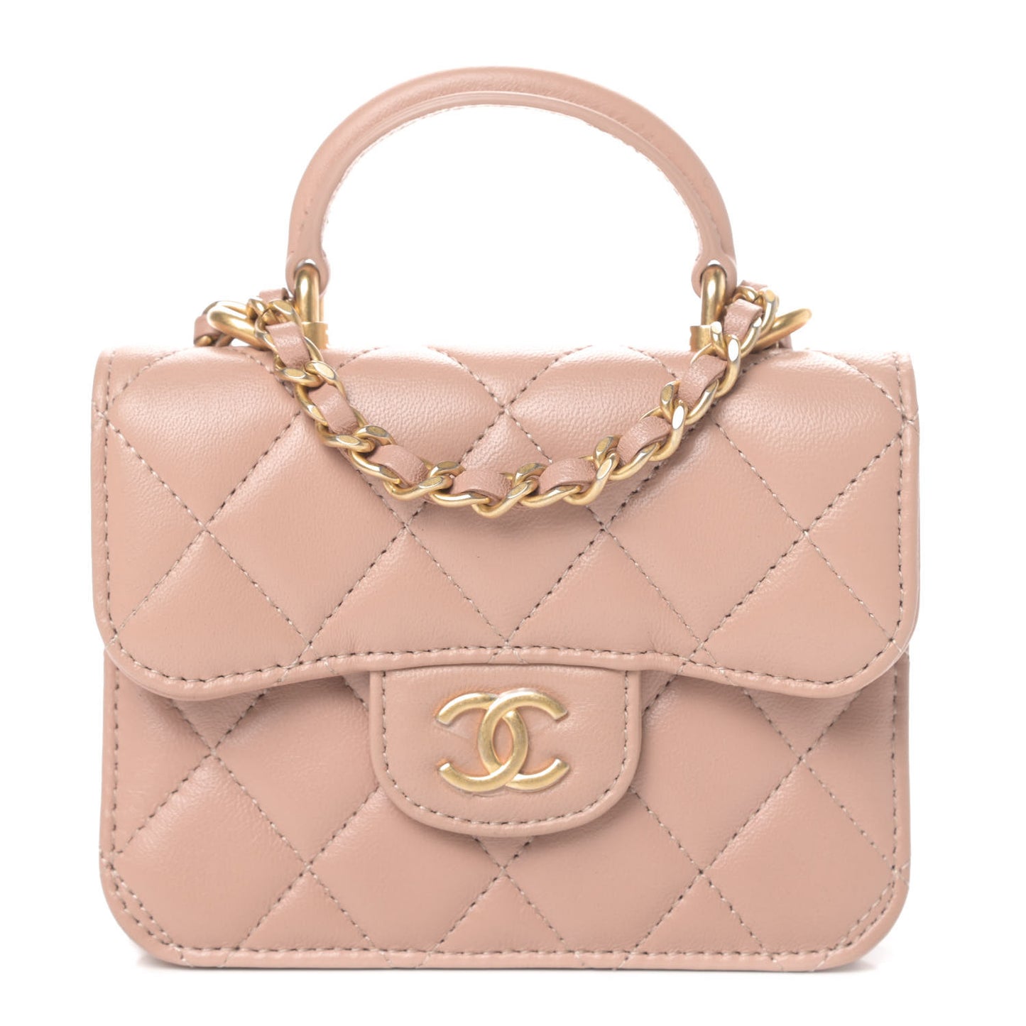 Lambskin Quilted Top Handle Flap Coin Purse With Chain Beige