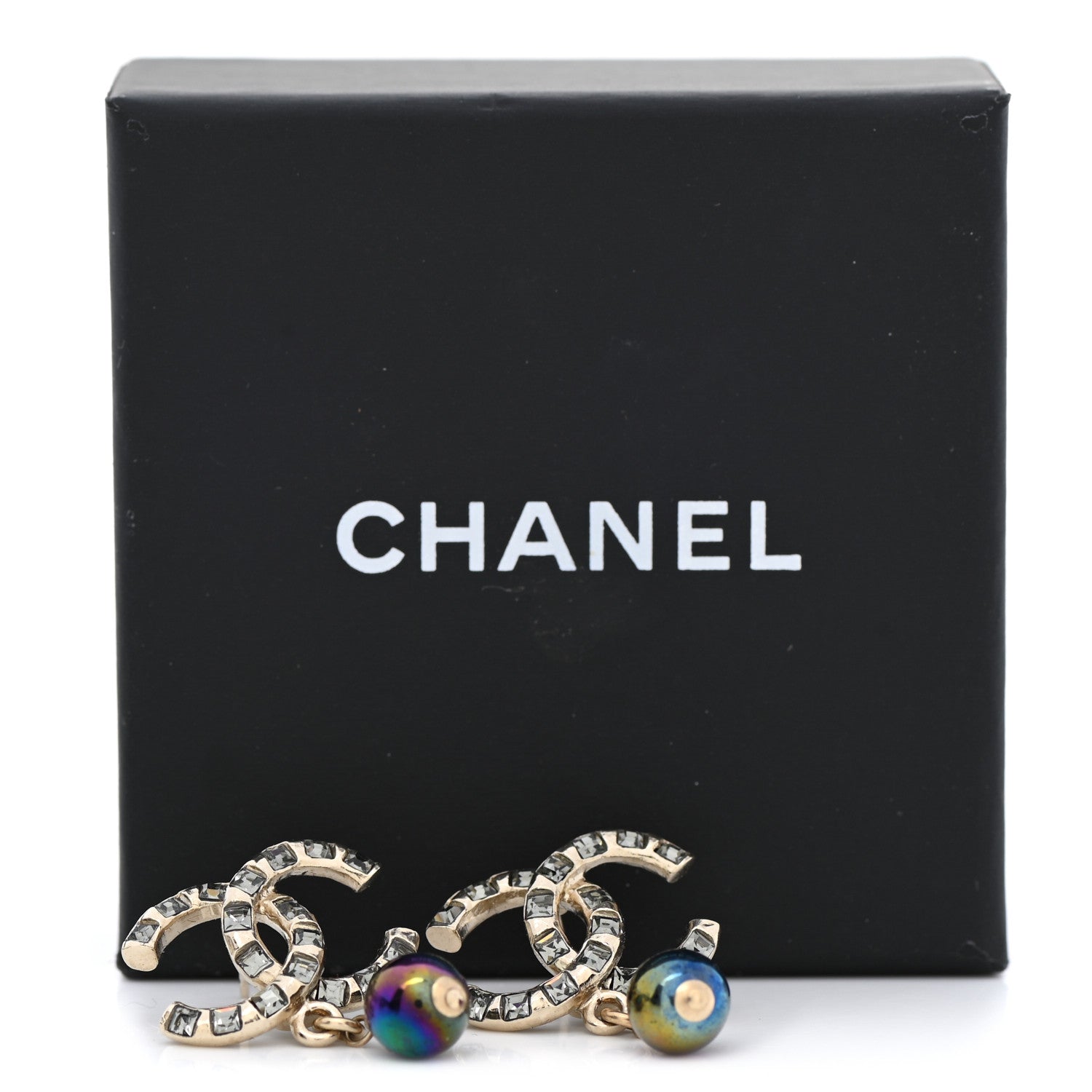 Chanel Metal Pearl Crystal CC Drop Earrings Gold Purple Gray 5 of 5