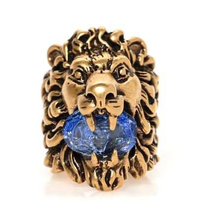 Gucci Metal Crystal Lion Head Ring 58 8.25 Aged Gold 1 of 6