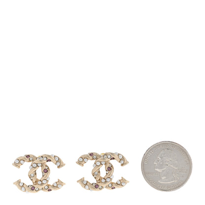 Chanel Metal Pearl Crystal Twisted CC Earrings Light Gold White Pink 2 of 4